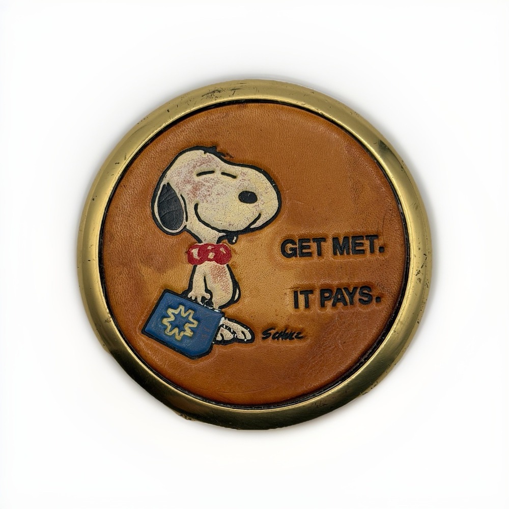 Snoopy Get Met It Pays‎ Leather Coaster Brass Rim MetLife Peanuts Vintage